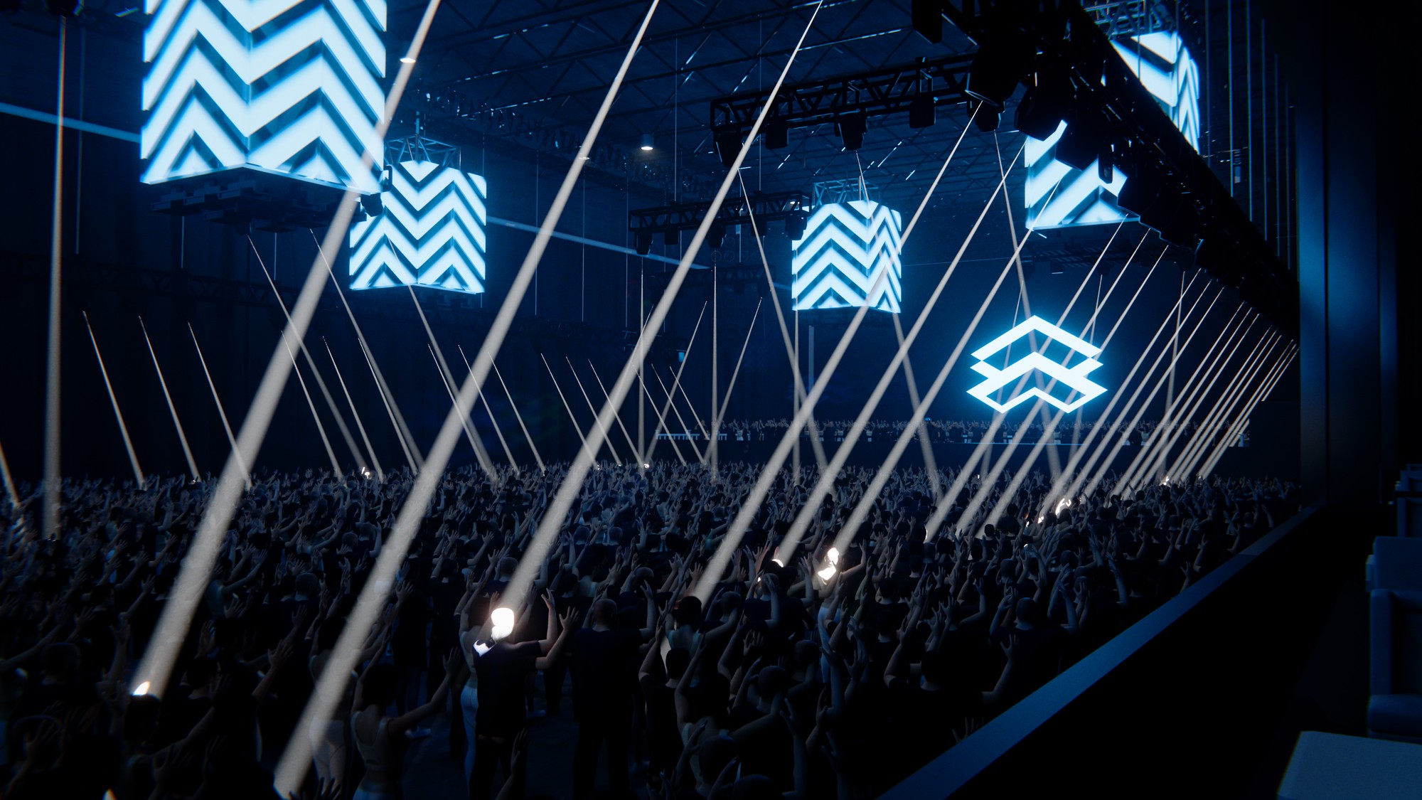 Chris Stussy Storehouse - angled stage view with light cubes and beams