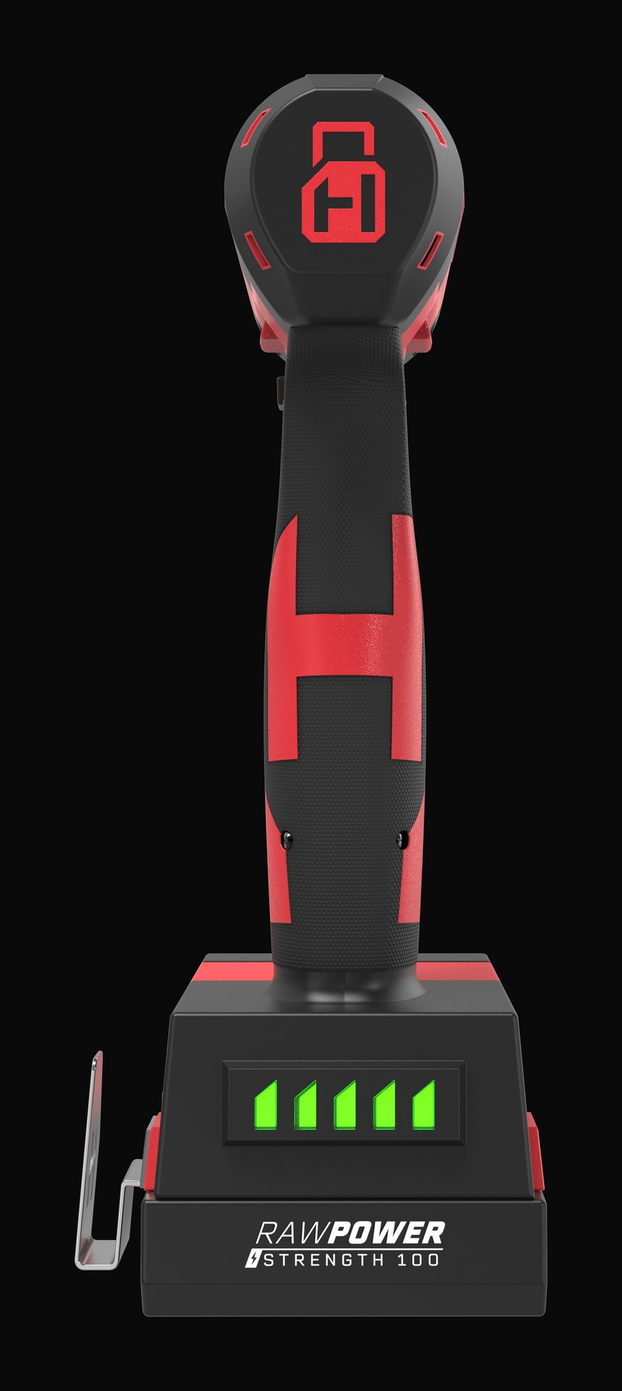 Powerdrill front elevation showing the H end cap and charge readout