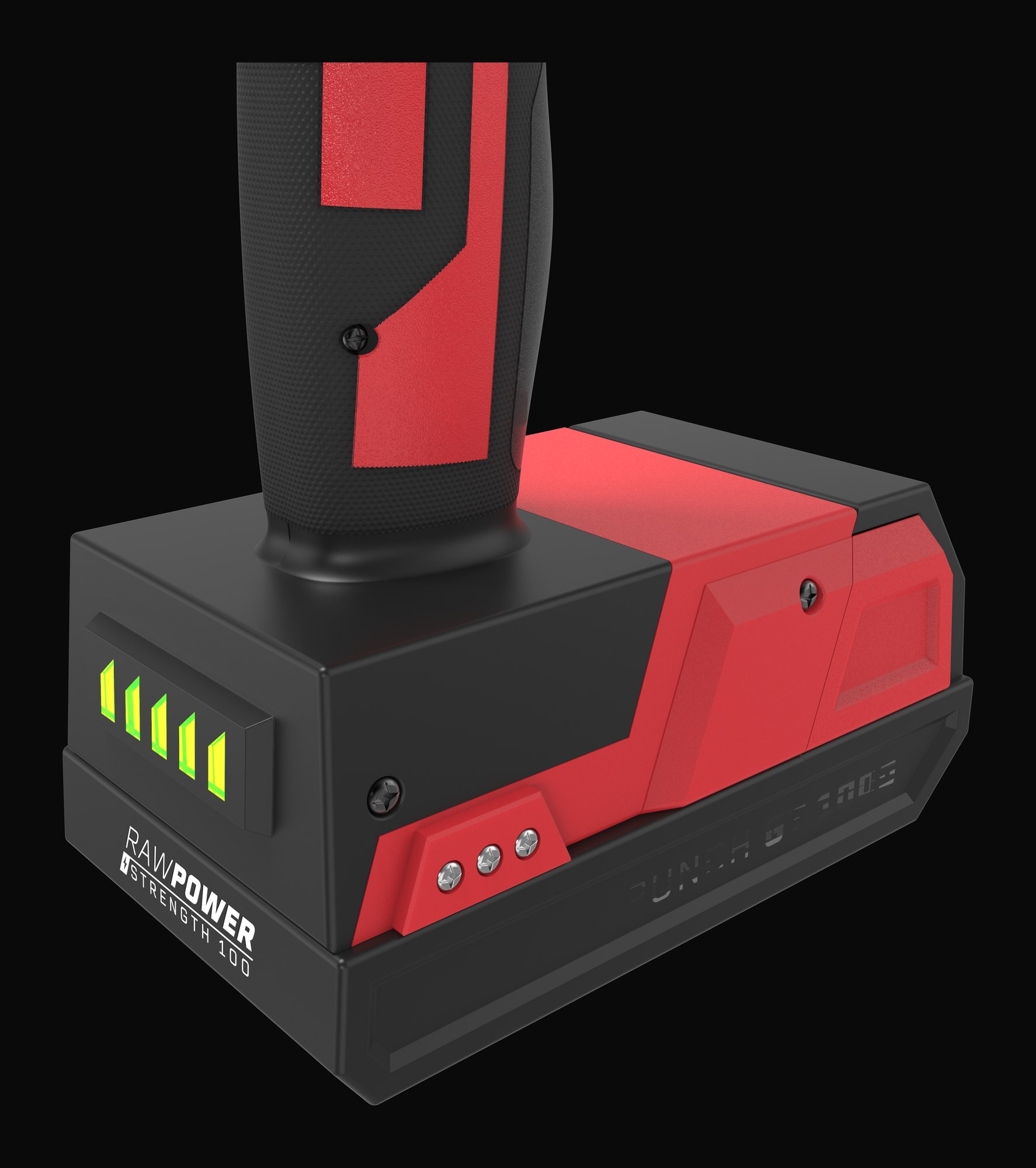 Close-up of the RawPower Strength 100 battery with charge readout