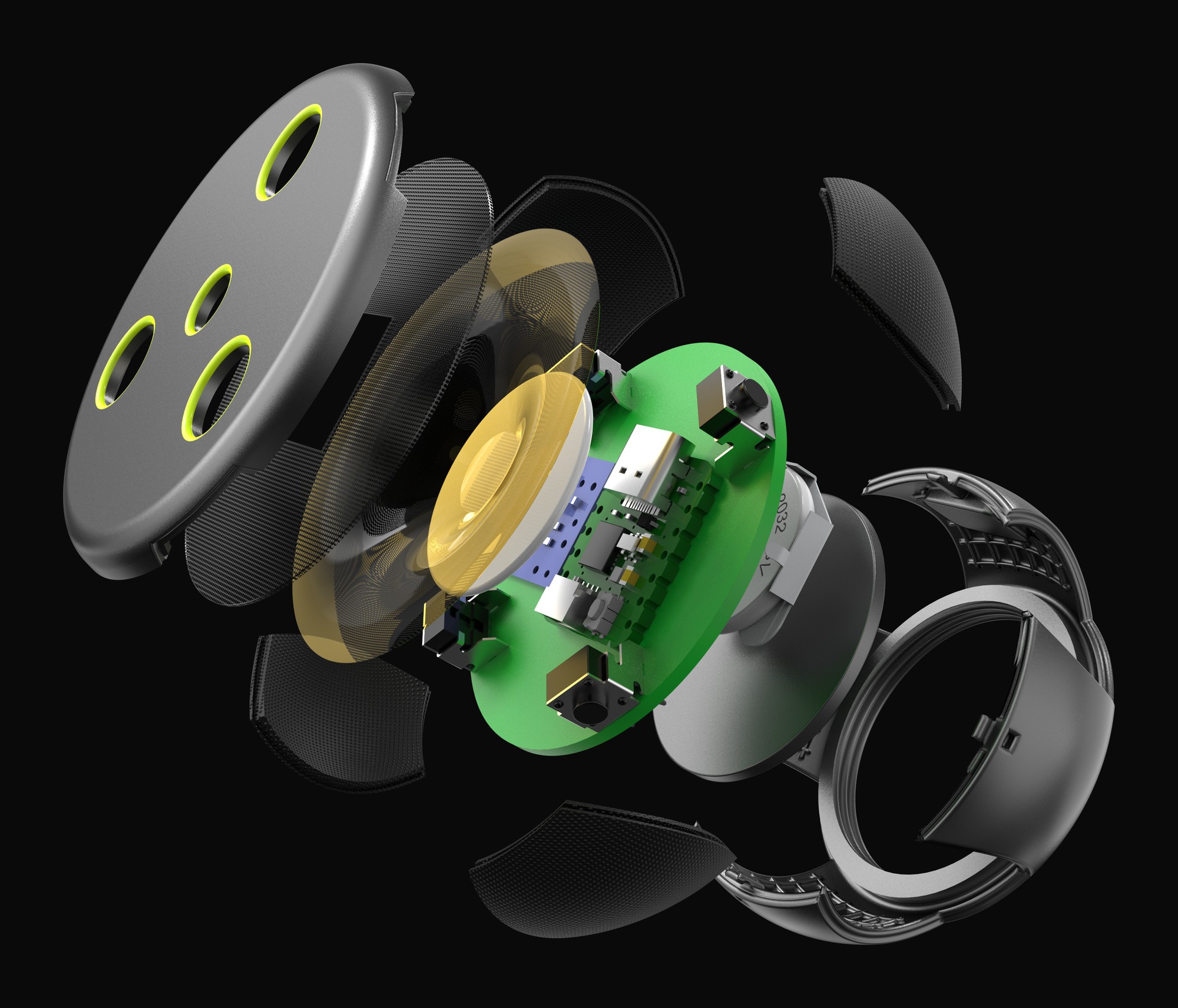 Screech exploded view showing the piezo driver, PCB, and housing