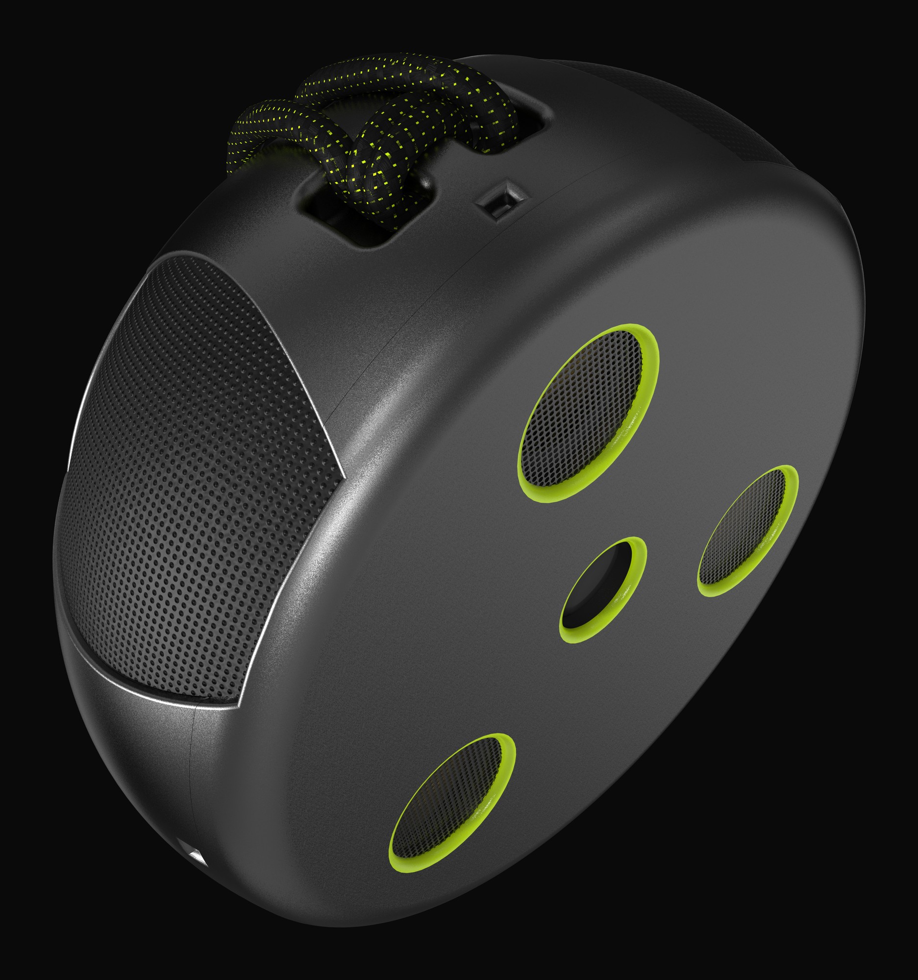 Screech three-quarter view showing the speaker grille and piezo ports