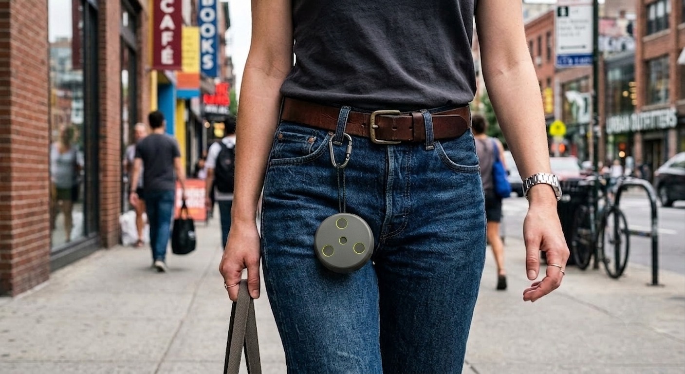 Screech clipped to a belt loop while walking through the city