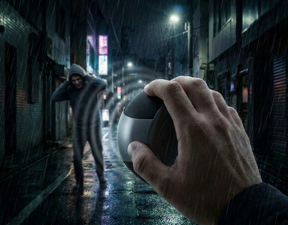 Screech held in hand deterring a threat in a rain-soaked alley