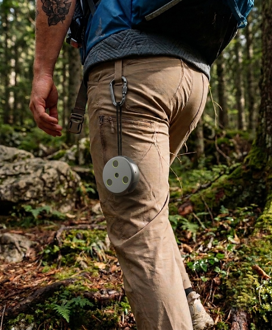 Screech clipped to a hiker's pack in the field